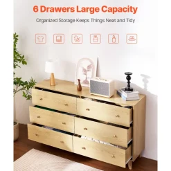 VEVOR 6 Drawer Dresser, Wooden Chest of Drawers with Sliding with Anti-tip Device, Modern Minimalist Dresser Chest, Closet Storage Organizer for Living Room, Hallway, Bedroom, Entryway, Light Wood