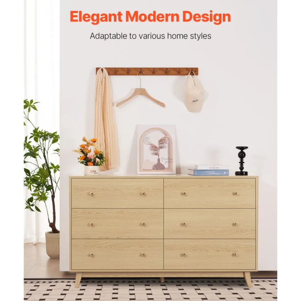 VEVOR 6 Drawer Dresser, Wooden Chest of Drawers with Sliding with Anti-tip Device, Modern Minimalist Dresser Chest, Closet Storage Organizer for Living Room, Hallway, Bedroom, Entryway, Light Wood
