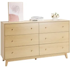 VEVOR 6 Drawer Dresser, Wooden Chest of Drawers with Sliding with Anti-tip Device, Modern Minimalist Dresser Chest, Closet Storage Organizer for Living Room, Hallway, Bedroom, Entryway, Light Wood