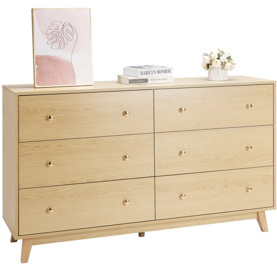 VEVOR 6 Drawer Dresser, Wooden Chest of Drawers with Sliding with Anti-tip Device, Modern Minimalist Dresser Chest, Closet Storage Organizer for Living Room, Hallway, Bedroom, Entryway, Light Wood