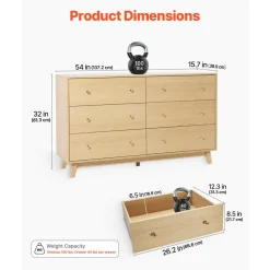 VEVOR 6 Drawer Dresser, Wooden Chest of Drawers with Sliding with Anti-tip Device, Modern Minimalist Dresser Chest, Closet Storage Organizer for Living Room, Hallway, Bedroom, Entryway, Light Wood