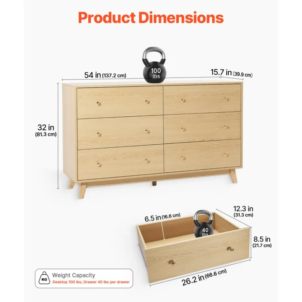 VEVOR 6 Drawer Dresser, Wooden Chest of Drawers with Sliding with Anti-tip Device, Modern Minimalist Dresser Chest, Closet Storage Organizer for Living Room, Hallway, Bedroom, Entryway, Light Wood