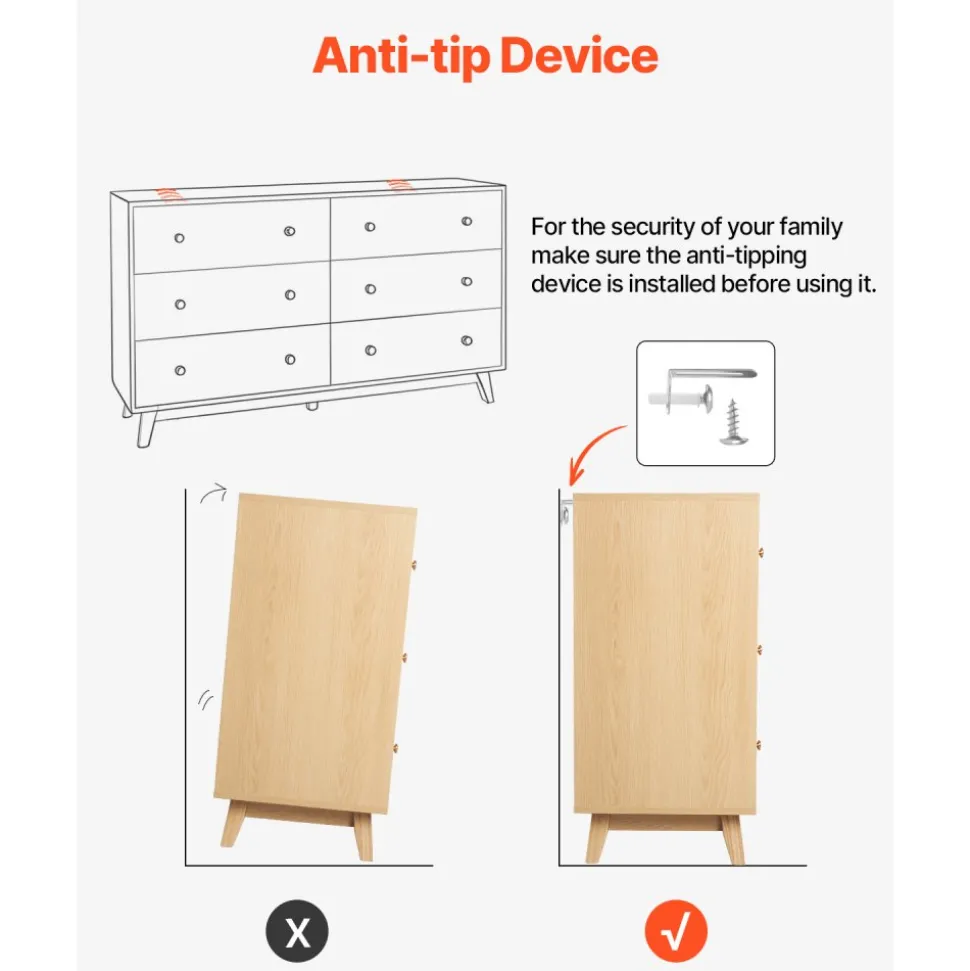VEVOR 6 Drawer Dresser, Wooden Chest of Drawers with Sliding with Anti-tip Device, Modern Minimalist Dresser Chest, Closet Storage Organizer for Living Room, Hallway, Bedroom, Entryway, Light Wood