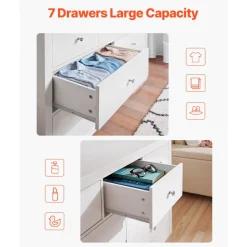 VEVOR 7 Drawer Dresser, Wooden Chest of Drawers with Sliding with Anti-tip Device, Modern Minimalist Dresser Chest, Closet Storage Organizer for Living Room, Hallway, Bedroom, Entryway, Light Wood