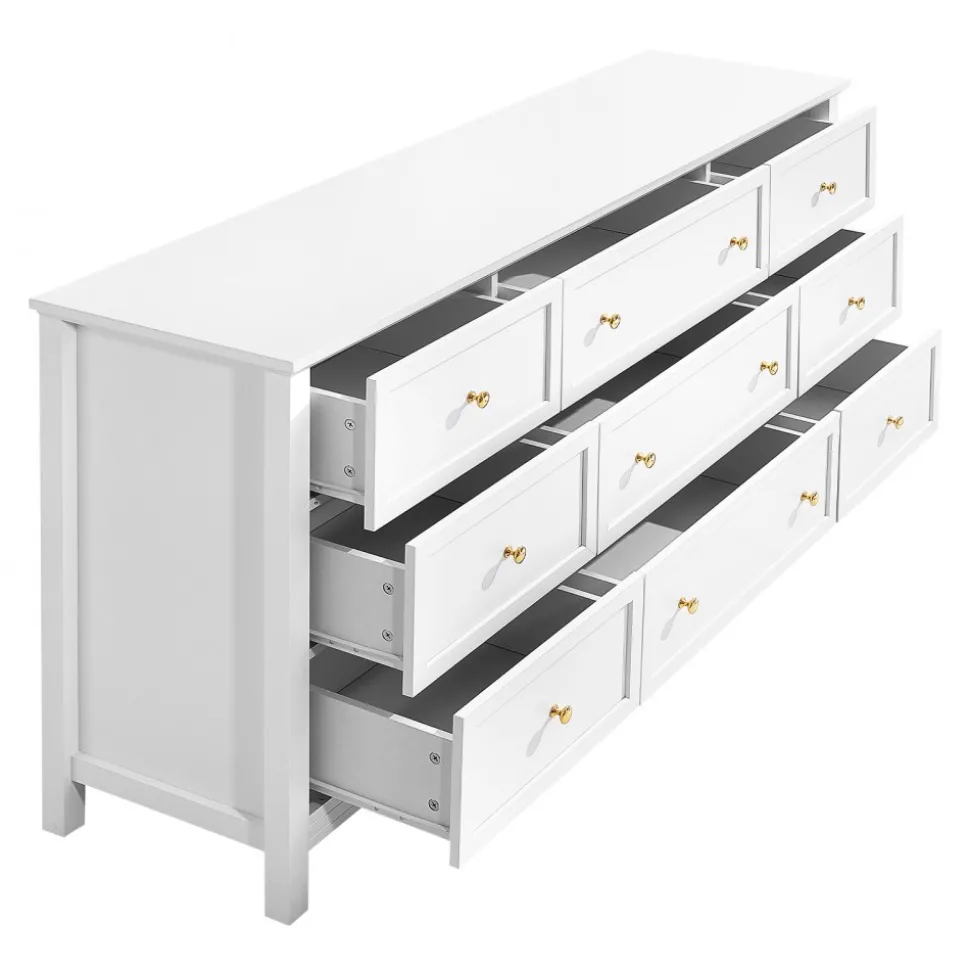 VEVOR 9 Drawer Dresser, Wooden Chest of Drawers with Sliding and Anti-tip Device, Retro Minimalist Dresser Chest, Closet Storage TV Stand Organizer for Living Room, Hallway, Bedroom, Entryway, White