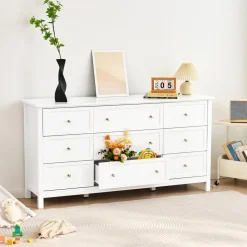 VEVOR 9 Drawer Dresser, Wooden Chest of Drawers with Sliding and Anti-tip Device, Retro Minimalist Dresser Chest, Closet Storage TV Stand Organizer for Living Room, Hallway, Bedroom, Entryway, White