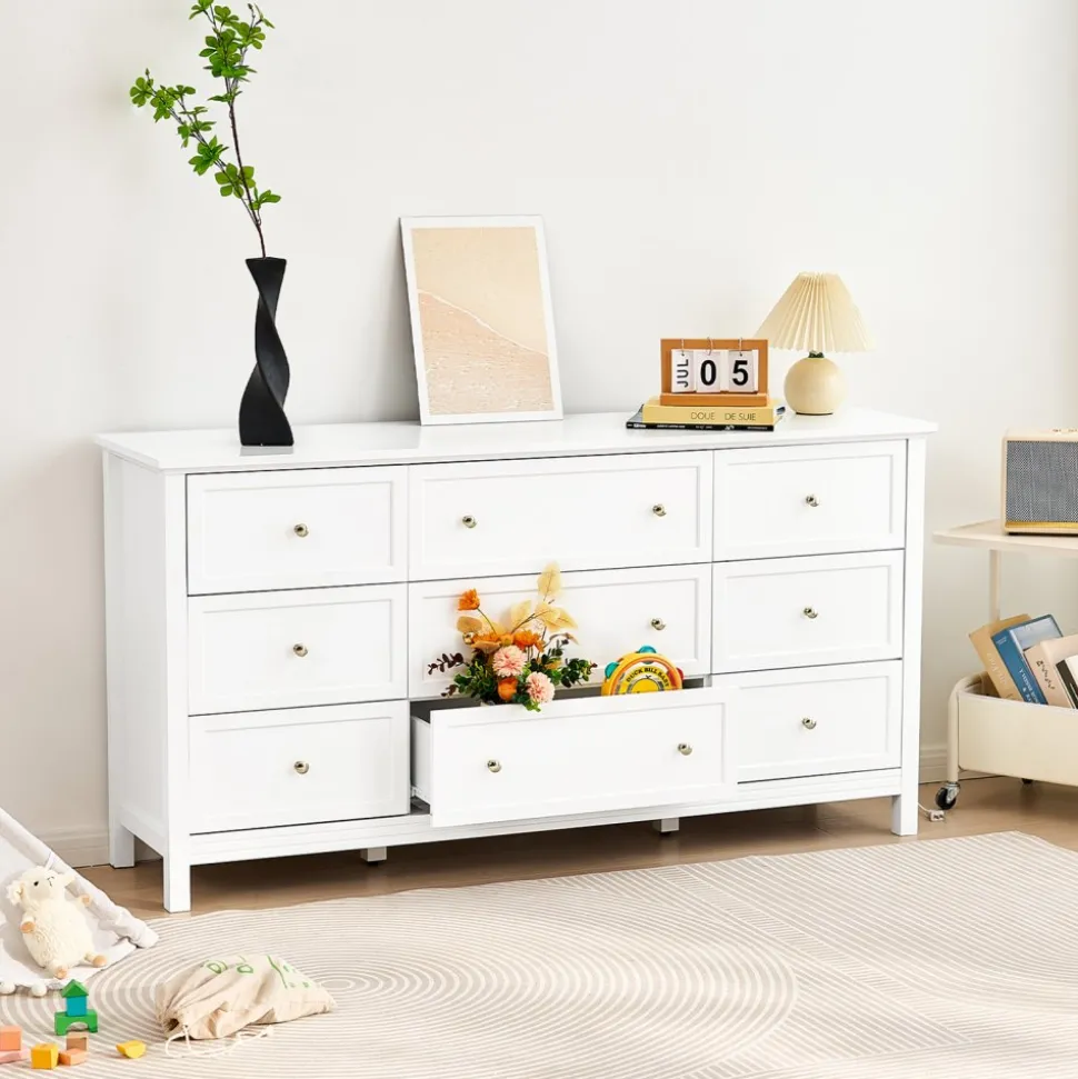 VEVOR 9 Drawer Dresser, Wooden Chest of Drawers with Sliding and Anti-tip Device, Retro Minimalist Dresser Chest, Closet Storage TV Stand Organizer for Living Room, Hallway, Bedroom, Entryway, White