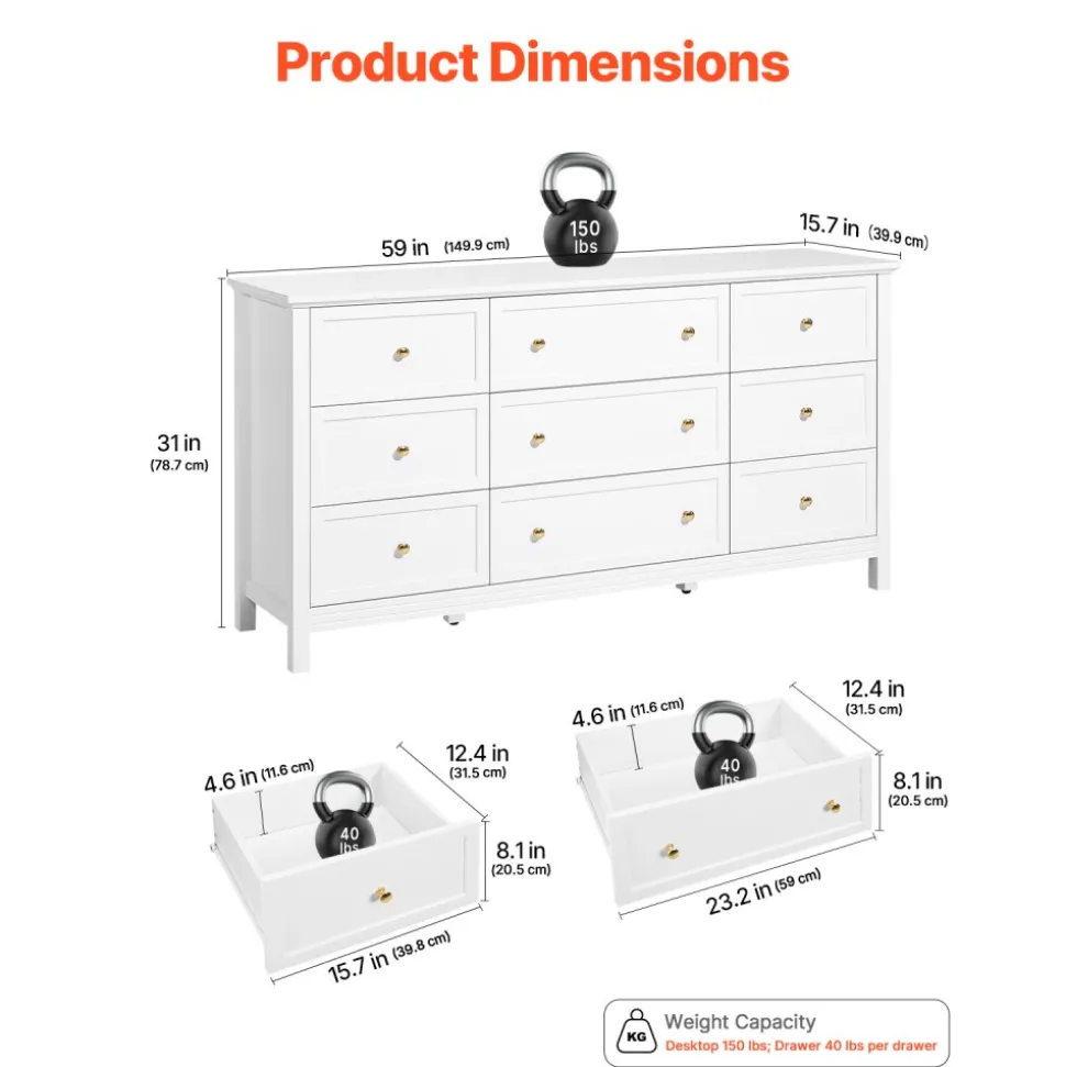 VEVOR 9 Drawer Dresser, Wooden Chest of Drawers with Sliding and Anti-tip Device, Retro Minimalist Dresser Chest, Closet Storage TV Stand Organizer for Living Room, Hallway, Bedroom, Entryway, White