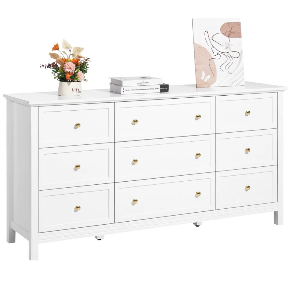 VEVOR 9 Drawer Dresser, Wooden Chest of Drawers with Sliding and Anti-tip Device, Retro Minimalist Dresser Chest, Closet Storage TV Stand Organizer for Living Room, Hallway, Bedroom, Entryway, White