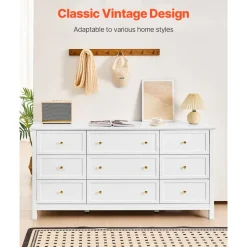 VEVOR 9 Drawer Dresser, Wooden Chest of Drawers with Sliding and Anti-tip Device, Retro Minimalist Dresser Chest, Closet Storage TV Stand Organizer for Living Room, Hallway, Bedroom, Entryway, White