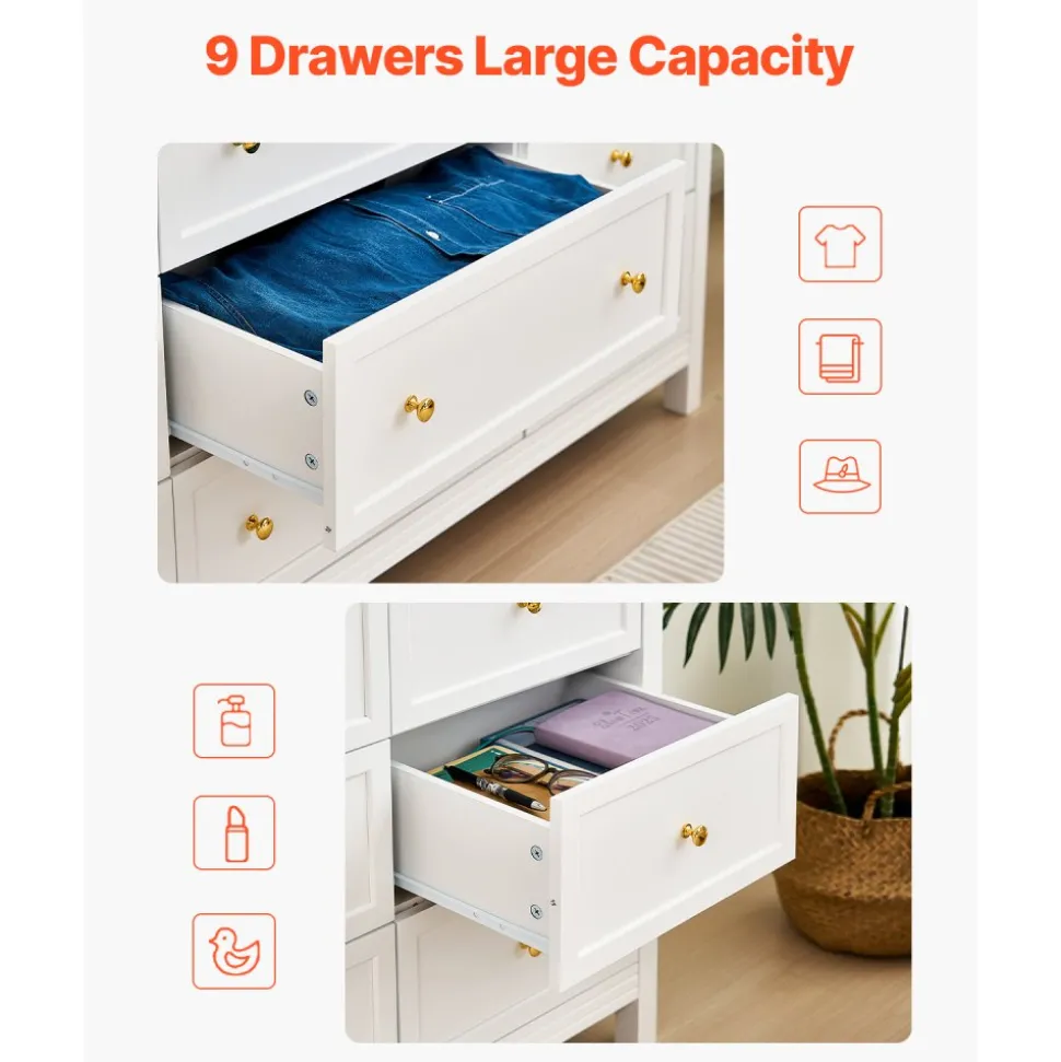 VEVOR 9 Drawer Dresser, Wooden Chest of Drawers with Sliding and Anti-tip Device, Retro Minimalist Dresser Chest, Closet Storage TV Stand Organizer for Living Room, Hallway, Bedroom, Entryway, White