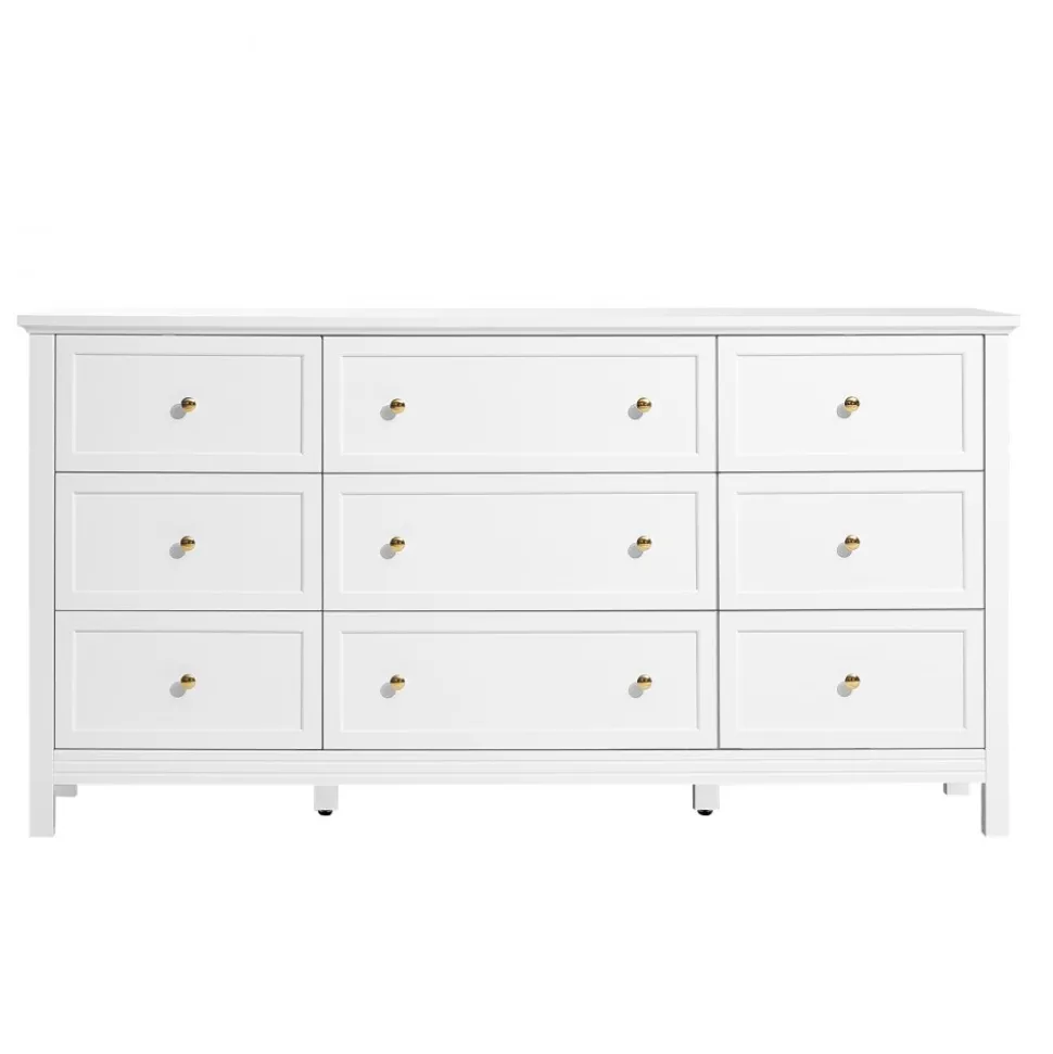 VEVOR 9 Drawer Dresser, Wooden Chest of Drawers with Sliding and Anti-tip Device, Retro Minimalist Dresser Chest, Closet Storage TV Stand Organizer for Living Room, Hallway, Bedroom, Entryway, White