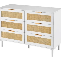 VEVOR 6 Drawer Rattan Dresser, Boho Dresser, Rattan Chest of Drawers with Spacious Storage, Natural Rattan Dresser for Bedroom, Living Room & Hallway,Rattan Nightstand with Sturdy Handles&Legs, White