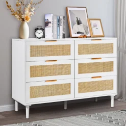 VEVOR 6 Drawer Rattan Dresser, Boho Dresser, Rattan Chest of Drawers with Spacious Storage, Natural Rattan Dresser for Bedroom, Living Room & Hallway,Rattan Nightstand with Sturdy Handles&Legs, White