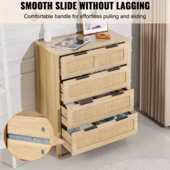 VEVOR 4 Drawer Rattan Dresser, Boho Dresser, Rattan Chest of Drawers with Spacious Storage, Natural Rattan Dresser for Bedroom, Living Room & Hallway,Rattan Nightstand with Sturdy Handles&Legs, Brown
