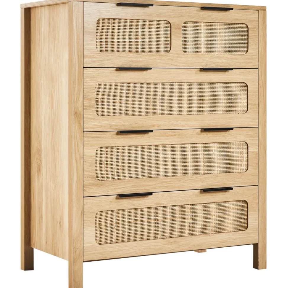 VEVOR 4 Drawer Rattan Dresser, Boho Dresser, Rattan Chest of Drawers with Spacious Storage, Natural Rattan Dresser for Bedroom, Living Room & Hallway,Rattan Nightstand with Sturdy Handles&Legs, Brown
