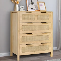 VEVOR 4 Drawer Rattan Dresser, Boho Dresser, Rattan Chest of Drawers with Spacious Storage, Natural Rattan Dresser for Bedroom, Living Room & Hallway,Rattan Nightstand with Sturdy Handles&Legs, Brown