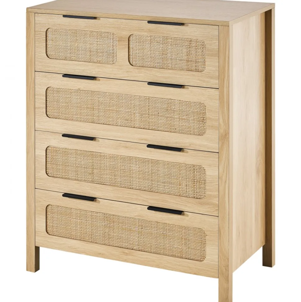 VEVOR 4 Drawer Rattan Dresser, Boho Dresser, Rattan Chest of Drawers with Spacious Storage, Natural Rattan Dresser for Bedroom, Living Room & Hallway,Rattan Nightstand with Sturdy Handles&Legs, Brown