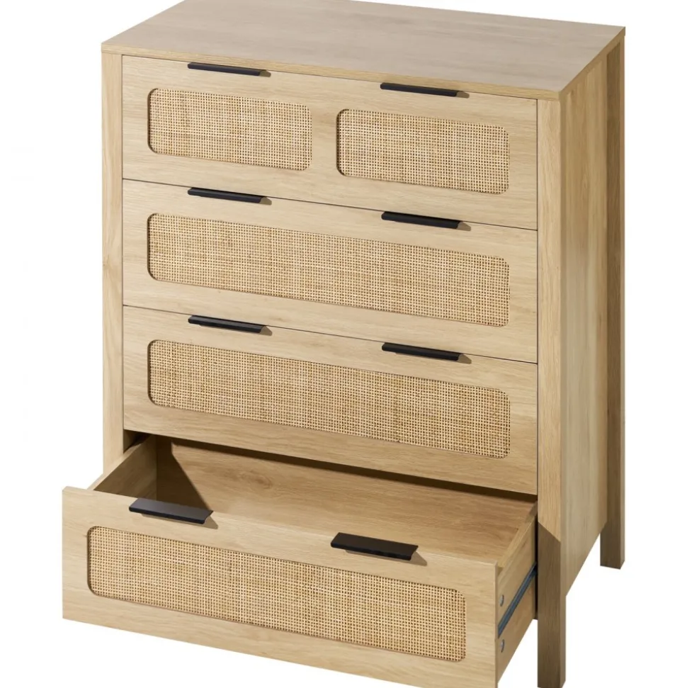 VEVOR 4 Drawer Rattan Dresser, Boho Dresser, Rattan Chest of Drawers with Spacious Storage, Natural Rattan Dresser for Bedroom, Living Room & Hallway,Rattan Nightstand with Sturdy Handles&Legs, Brown