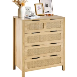 VEVOR 4 Drawer Rattan Dresser, Boho Dresser, Rattan Chest of Drawers with Spacious Storage, Natural Rattan Dresser for Bedroom, Living Room & Hallway,Rattan Nightstand with Sturdy Handles&Legs, Brown