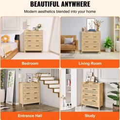 VEVOR 4 Drawer Rattan Dresser, Boho Dresser, Rattan Chest of Drawers with Spacious Storage, Natural Rattan Dresser for Bedroom, Living Room & Hallway,Rattan Nightstand with Sturdy Handles&Legs, Brown