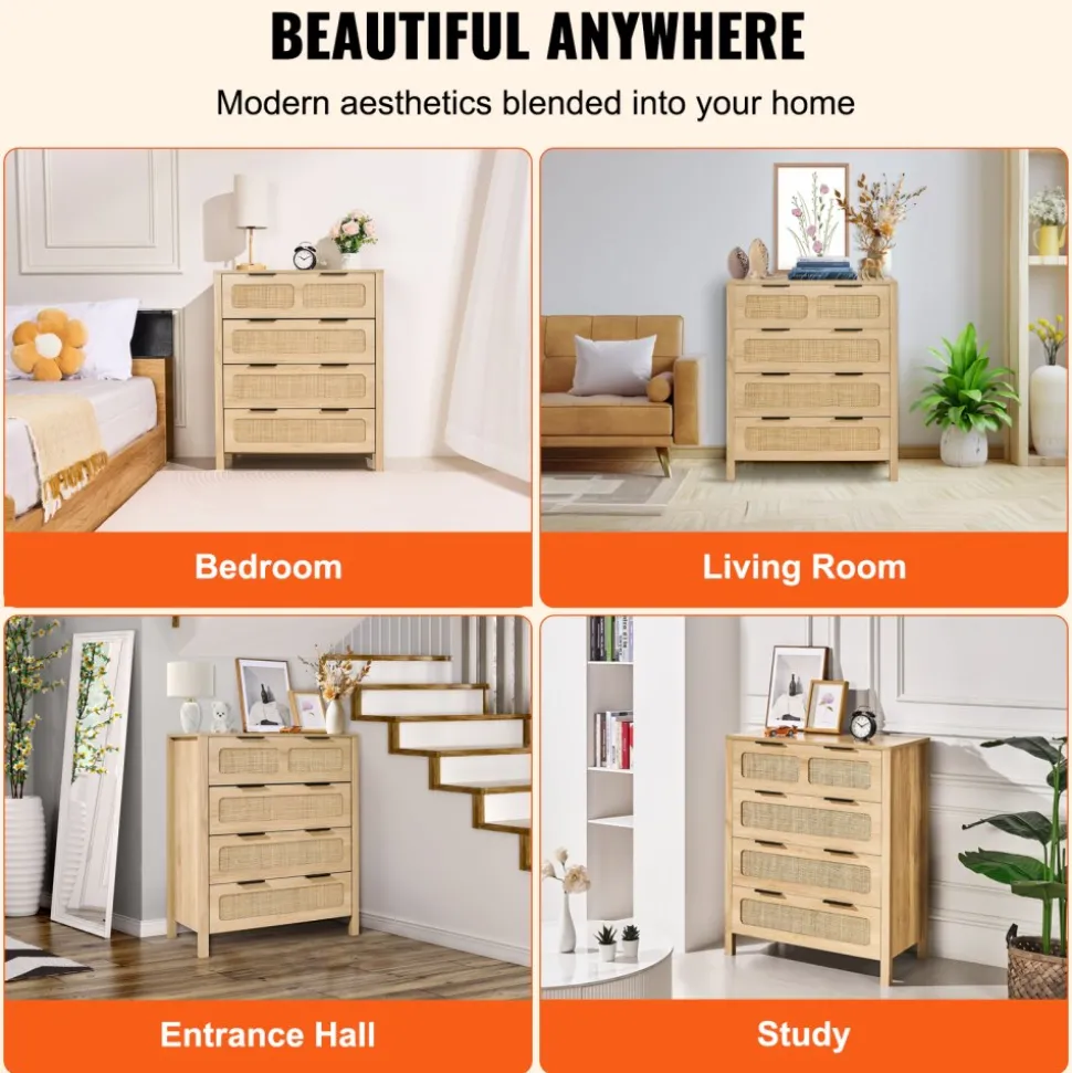 VEVOR 4 Drawer Rattan Dresser, Boho Dresser, Rattan Chest of Drawers with Spacious Storage, Natural Rattan Dresser for Bedroom, Living Room & Hallway,Rattan Nightstand with Sturdy Handles&Legs, Brown