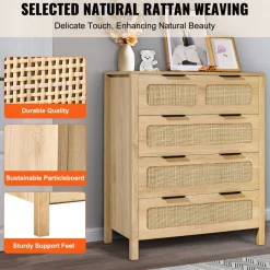 VEVOR 4 Drawer Rattan Dresser, Boho Dresser, Rattan Chest of Drawers with Spacious Storage, Natural Rattan Dresser for Bedroom, Living Room & Hallway,Rattan Nightstand with Sturdy Handles&Legs, Brown