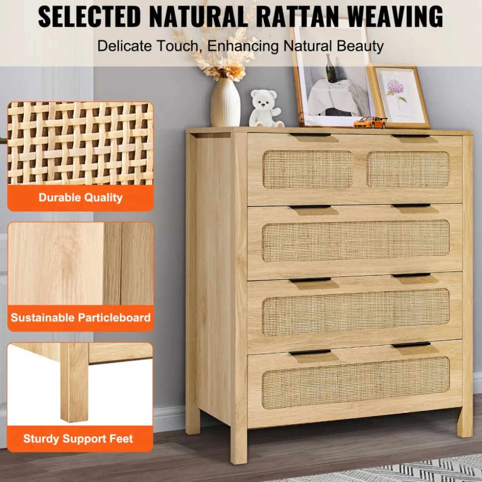 VEVOR 4 Drawer Rattan Dresser, Boho Dresser, Rattan Chest of Drawers with Spacious Storage, Natural Rattan Dresser for Bedroom, Living Room & Hallway,Rattan Nightstand with Sturdy Handles&Legs, Brown