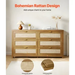 VEVOR 6 Drawer Rattan Dresser, Double Dresser for Bedroom, Natural Rattan Chest of Drawer with Metal Handle, Modern Wood Chest Clothing Organizer & Storage for Bedroom, Living Room, Hallway, Walnut