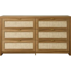 VEVOR 6 Drawer Rattan Dresser, Double Dresser for Bedroom, Natural Rattan Chest of Drawer with Metal Handle, Modern Wood Chest Clothing Organizer & Storage for Bedroom, Living Room, Hallway, Walnut