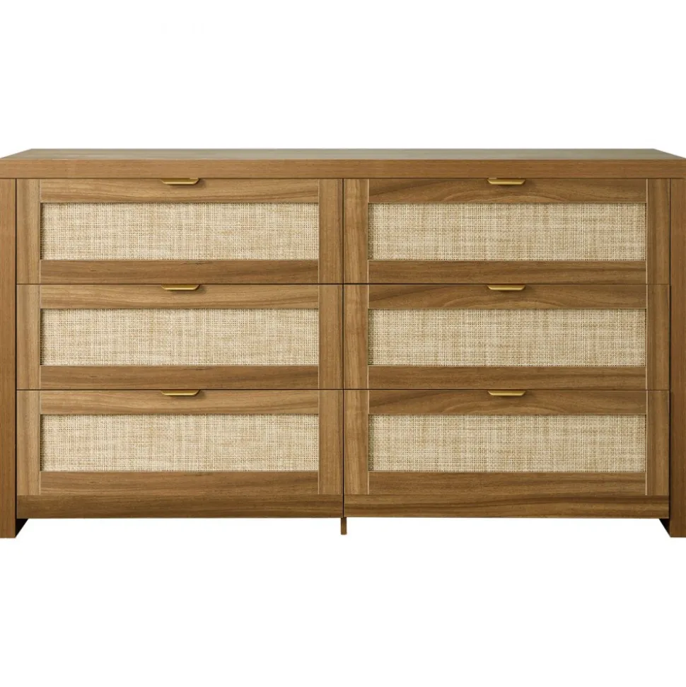 VEVOR 6 Drawer Rattan Dresser, Double Dresser for Bedroom, Natural Rattan Chest of Drawer with Metal Handle, Modern Wood Chest Clothing Organizer & Storage for Bedroom, Living Room, Hallway, Walnut