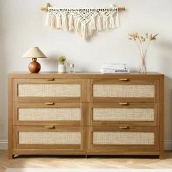 VEVOR 6 Drawer Rattan Dresser, Double Dresser for Bedroom, Natural Rattan Chest of Drawer with Metal Handle, Modern Wood Chest Clothing Organizer & Storage for Bedroom, Living Room, Hallway, Walnut