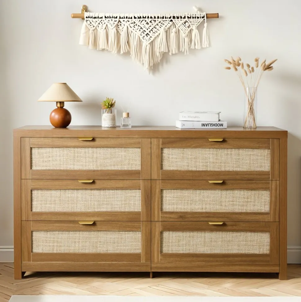 VEVOR 6 Drawer Rattan Dresser, Double Dresser for Bedroom, Natural Rattan Chest of Drawer with Metal Handle, Modern Wood Chest Clothing Organizer & Storage for Bedroom, Living Room, Hallway, Walnut