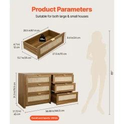 VEVOR 6 Drawer Rattan Dresser, Double Dresser for Bedroom, Natural Rattan Chest of Drawer with Metal Handle, Modern Wood Chest Clothing Organizer & Storage for Bedroom, Living Room, Hallway, Walnut