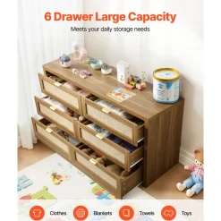 VEVOR 6 Drawer Rattan Dresser, Double Dresser for Bedroom, Natural Rattan Chest of Drawer with Metal Handle, Modern Wood Chest Clothing Organizer & Storage for Bedroom, Living Room, Hallway, Walnut