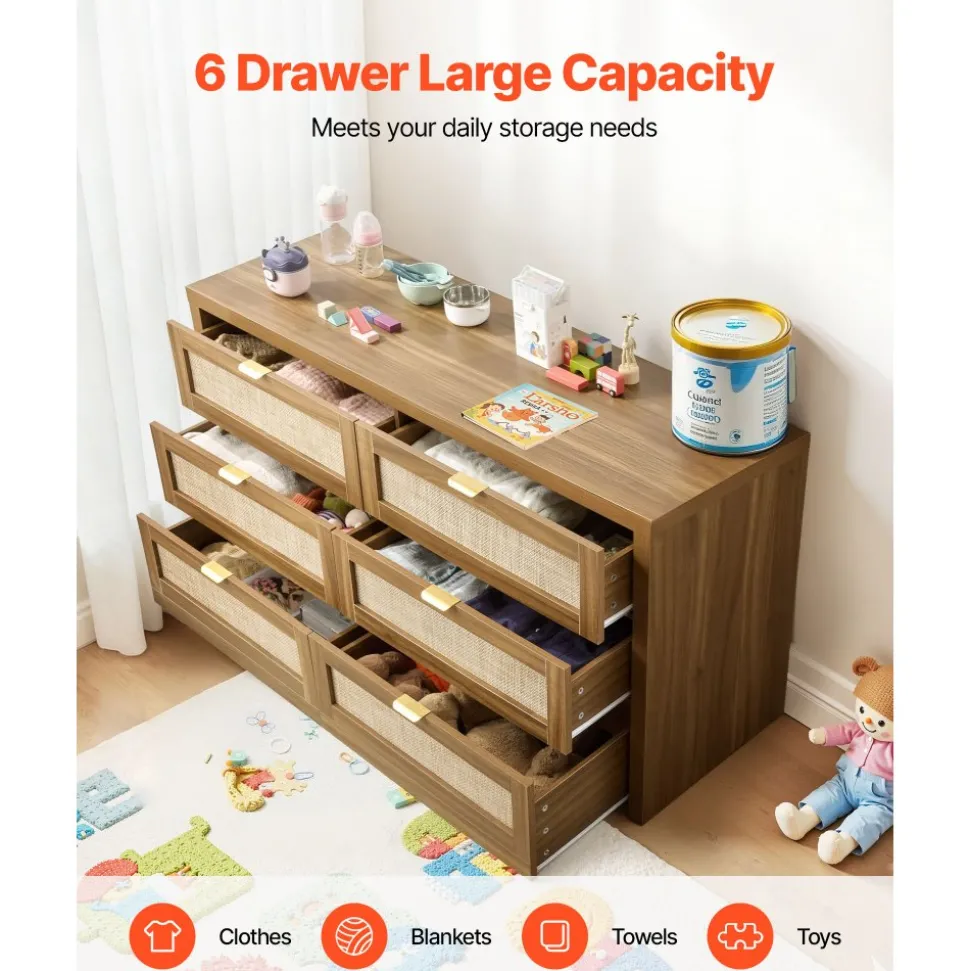 VEVOR 6 Drawer Rattan Dresser, Double Dresser for Bedroom, Natural Rattan Chest of Drawer with Metal Handle, Modern Wood Chest Clothing Organizer & Storage for Bedroom, Living Room, Hallway, Walnut