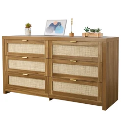 VEVOR 6 Drawer Rattan Dresser, Double Dresser for Bedroom, Natural Rattan Chest of Drawer with Metal Handle, Modern Wood Chest Clothing Organizer & Storage for Bedroom, Living Room, Hallway, Walnut
