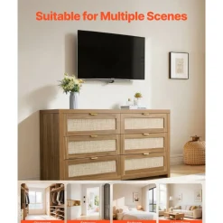 VEVOR 6 Drawer Rattan Dresser, Double Dresser for Bedroom, Natural Rattan Chest of Drawer with Metal Handle, Modern Wood Chest Clothing Organizer & Storage for Bedroom, Living Room, Hallway, Walnut