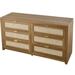 VEVOR 6 Drawer Rattan Dresser, Double Dresser for Bedroom, Natural Rattan Chest of Drawer with Metal Handle, Modern Wood Chest Clothing Organizer & Storage for Bedroom, Living Room, Hallway, Walnut