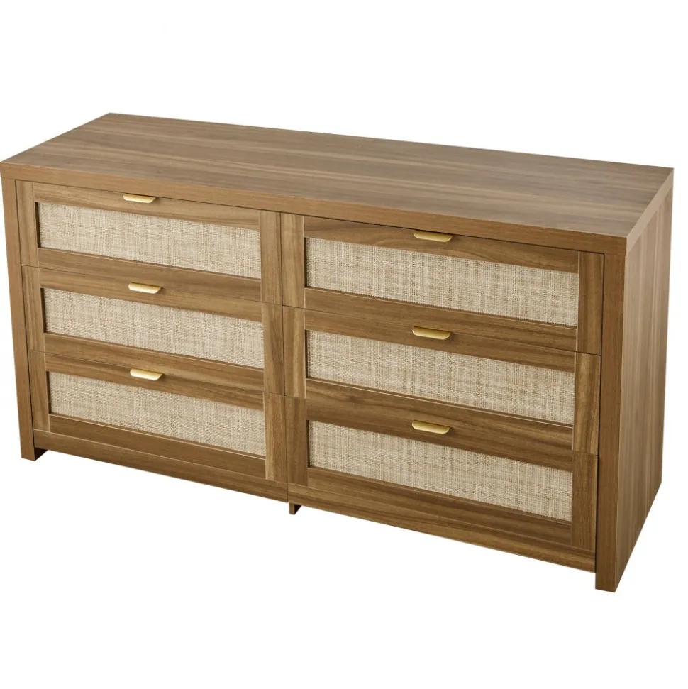 VEVOR 6 Drawer Rattan Dresser, Double Dresser for Bedroom, Natural Rattan Chest of Drawer with Metal Handle, Modern Wood Chest Clothing Organizer & Storage for Bedroom, Living Room, Hallway, Walnut
