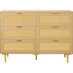VEVOR 6 Drawer Rattan Dresser, Double Dresser for Bedroom, Natural Rattan Chest of Drawers with Metal Handles & Legs, Modern Wood Chest Clothing Organizer & Storage for Bedroom, Living Room, Hallway