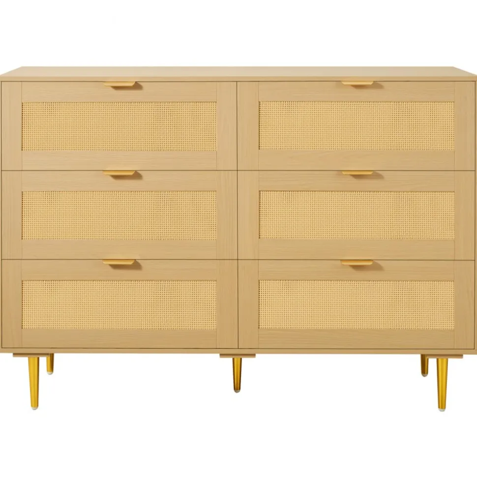 VEVOR 6 Drawer Rattan Dresser, Double Dresser for Bedroom, Natural Rattan Chest of Drawers with Metal Handles & Legs, Modern Wood Chest Clothing Organizer & Storage for Bedroom, Living Room, Hallway