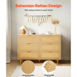 VEVOR 6 Drawer Rattan Dresser, Double Dresser for Bedroom, Natural Rattan Chest of Drawers with Metal Handles & Legs, Modern Wood Chest Clothing Organizer & Storage for Bedroom, Living Room, Hallway