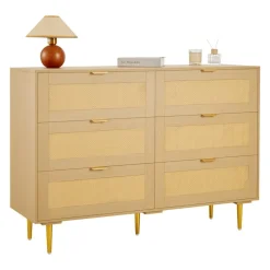 VEVOR 6 Drawer Rattan Dresser, Double Dresser for Bedroom, Natural Rattan Chest of Drawers with Metal Handles & Legs, Modern Wood Chest Clothing Organizer & Storage for Bedroom, Living Room, Hallway