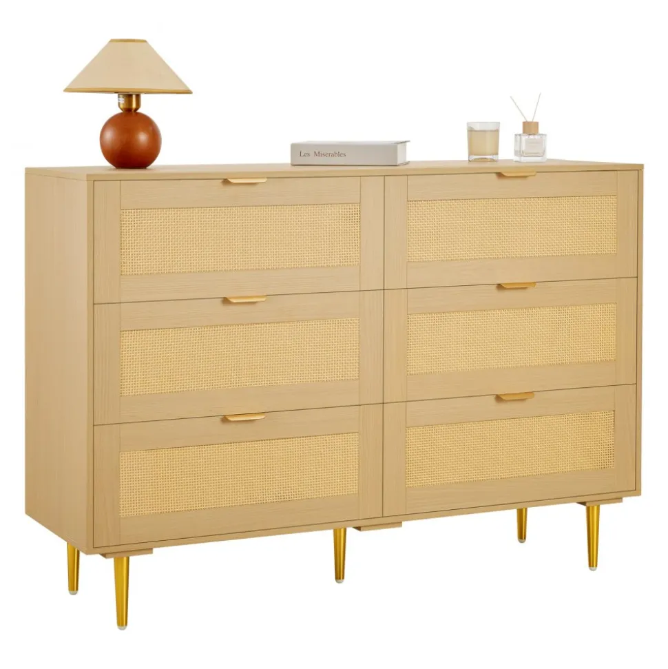 VEVOR 6 Drawer Rattan Dresser, Double Dresser for Bedroom, Natural Rattan Chest of Drawers with Metal Handles & Legs, Modern Wood Chest Clothing Organizer & Storage for Bedroom, Living Room, Hallway