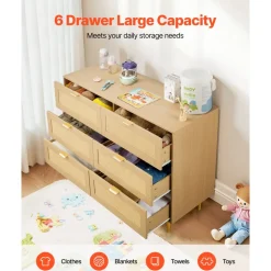 VEVOR 6 Drawer Rattan Dresser, Double Dresser for Bedroom, Natural Rattan Chest of Drawers with Metal Handles & Legs, Modern Wood Chest Clothing Organizer & Storage for Bedroom, Living Room, Hallway