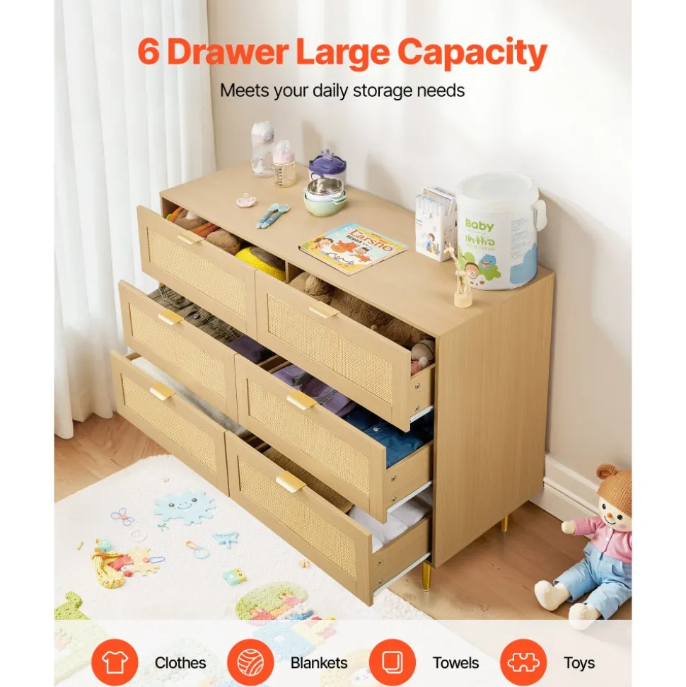 VEVOR 6 Drawer Rattan Dresser, Double Dresser for Bedroom, Natural Rattan Chest of Drawers with Metal Handles & Legs, Modern Wood Chest Clothing Organizer & Storage for Bedroom, Living Room, Hallway