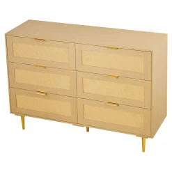 VEVOR 6 Drawer Rattan Dresser, Double Dresser for Bedroom, Natural Rattan Chest of Drawers with Metal Handles & Legs, Modern Wood Chest Clothing Organizer & Storage for Bedroom, Living Room, Hallway