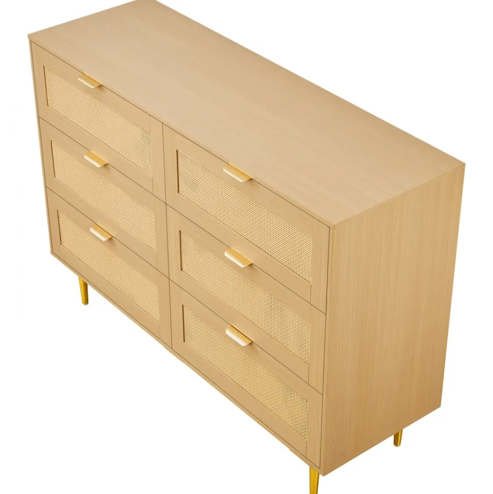 VEVOR 6 Drawer Rattan Dresser, Double Dresser for Bedroom, Natural Rattan Chest of Drawers with Metal Handles & Legs, Modern Wood Chest Clothing Organizer & Storage for Bedroom, Living Room, Hallway