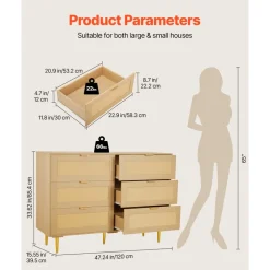 VEVOR 6 Drawer Rattan Dresser, Double Dresser for Bedroom, Natural Rattan Chest of Drawers with Metal Handles & Legs, Modern Wood Chest Clothing Organizer & Storage for Bedroom, Living Room, Hallway